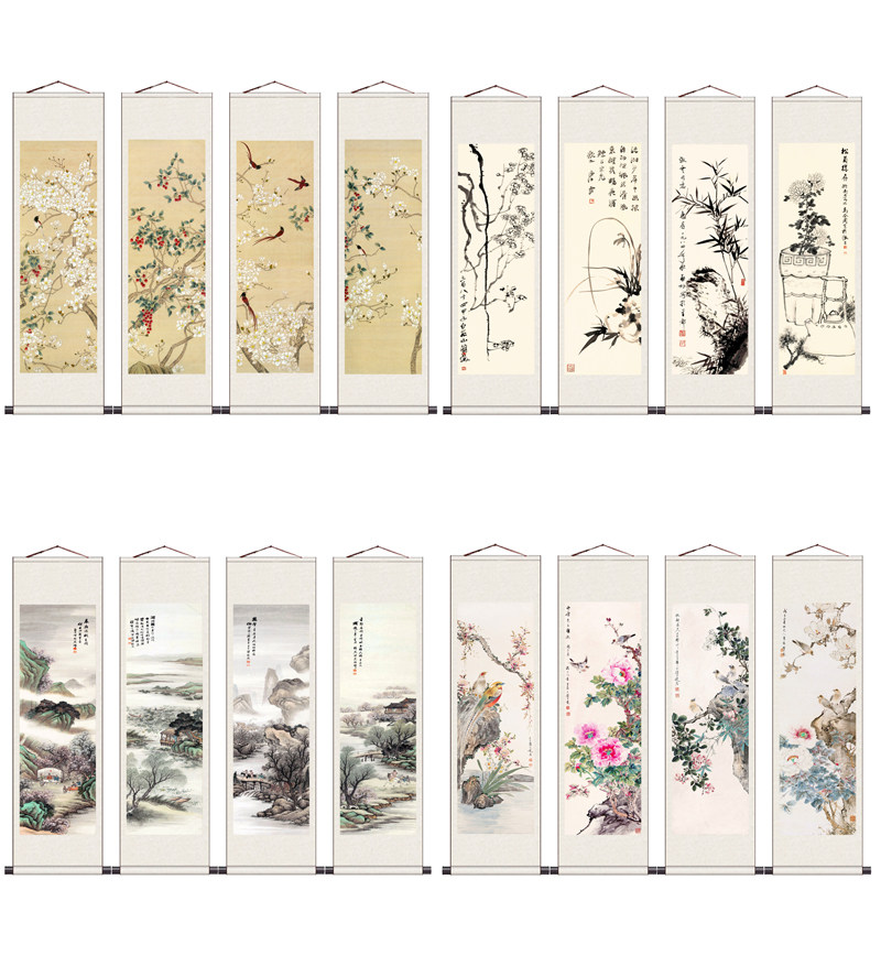 水墨招财四条屏颜伯龙定制花鸟画