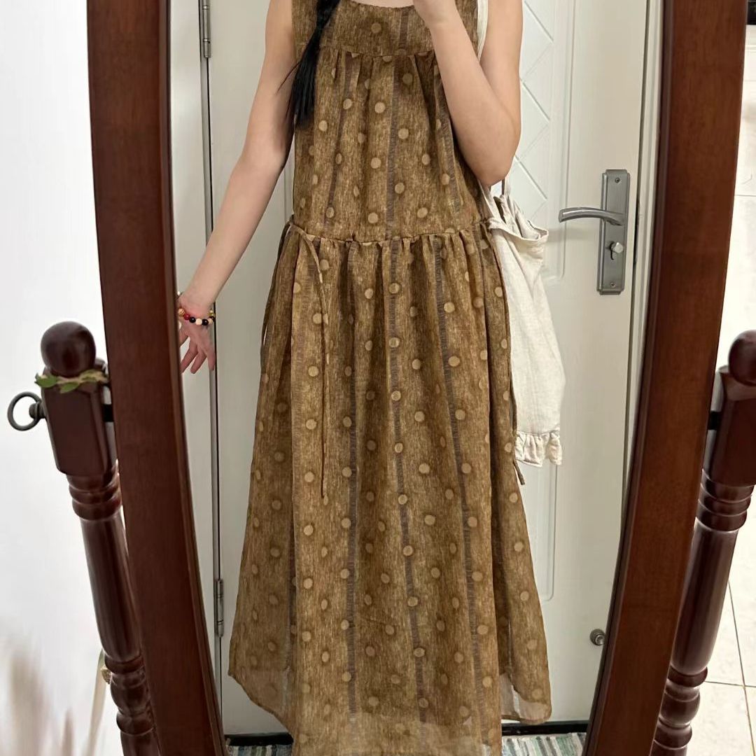 现货/古着甜美清新艺术复古波点A字裙刺绣领抽绳长裙森女减龄宽松