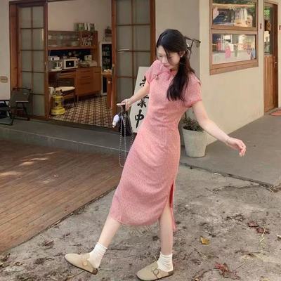 现货/2025夏季文艺复古印花立领短袖中长裙清新女改良旗袍小个子