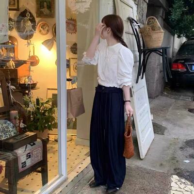 现货/复古藏青色松紧腰宽松阔腿裤少女夏季薄款高腰显瘦休闲长裤