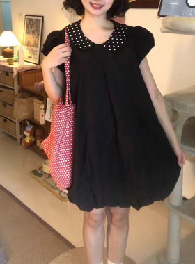 现货/小魔女波点娃娃领黑色花苞连衣裙小众短款可爱甜美少女短裙