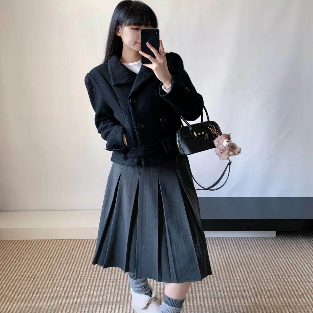 现货/格雷系灰色正反两穿毛呢百褶裙中裙显瘦半身裙小个子A字裙女