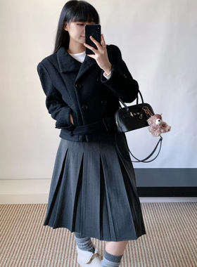 现货/格雷系灰色正反两穿毛呢百褶裙中裙显瘦半身裙小个子A字裙女