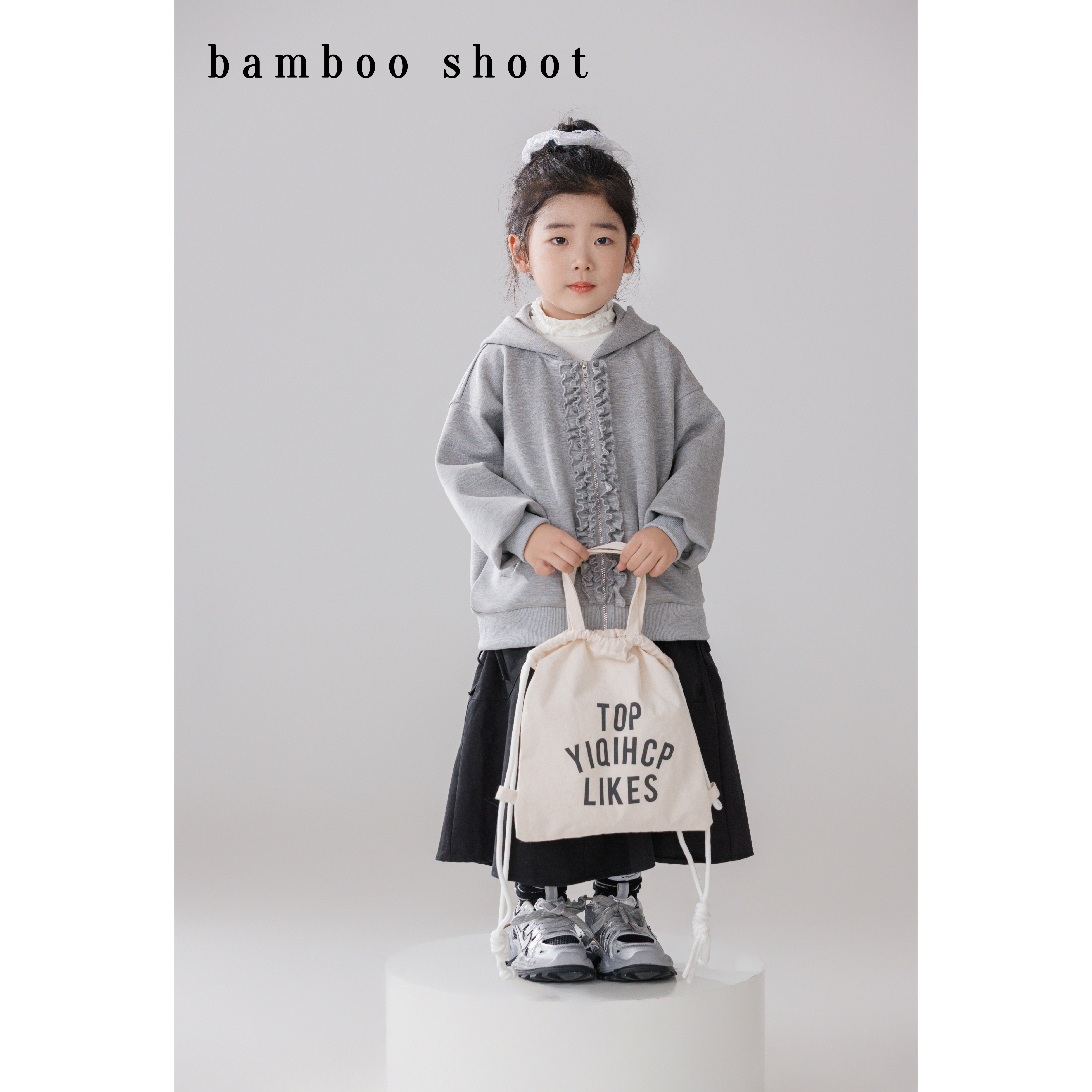 bamboo shoot 女童外套花边连帽卫衣外套秋季慵懒风休闲宽松上衣