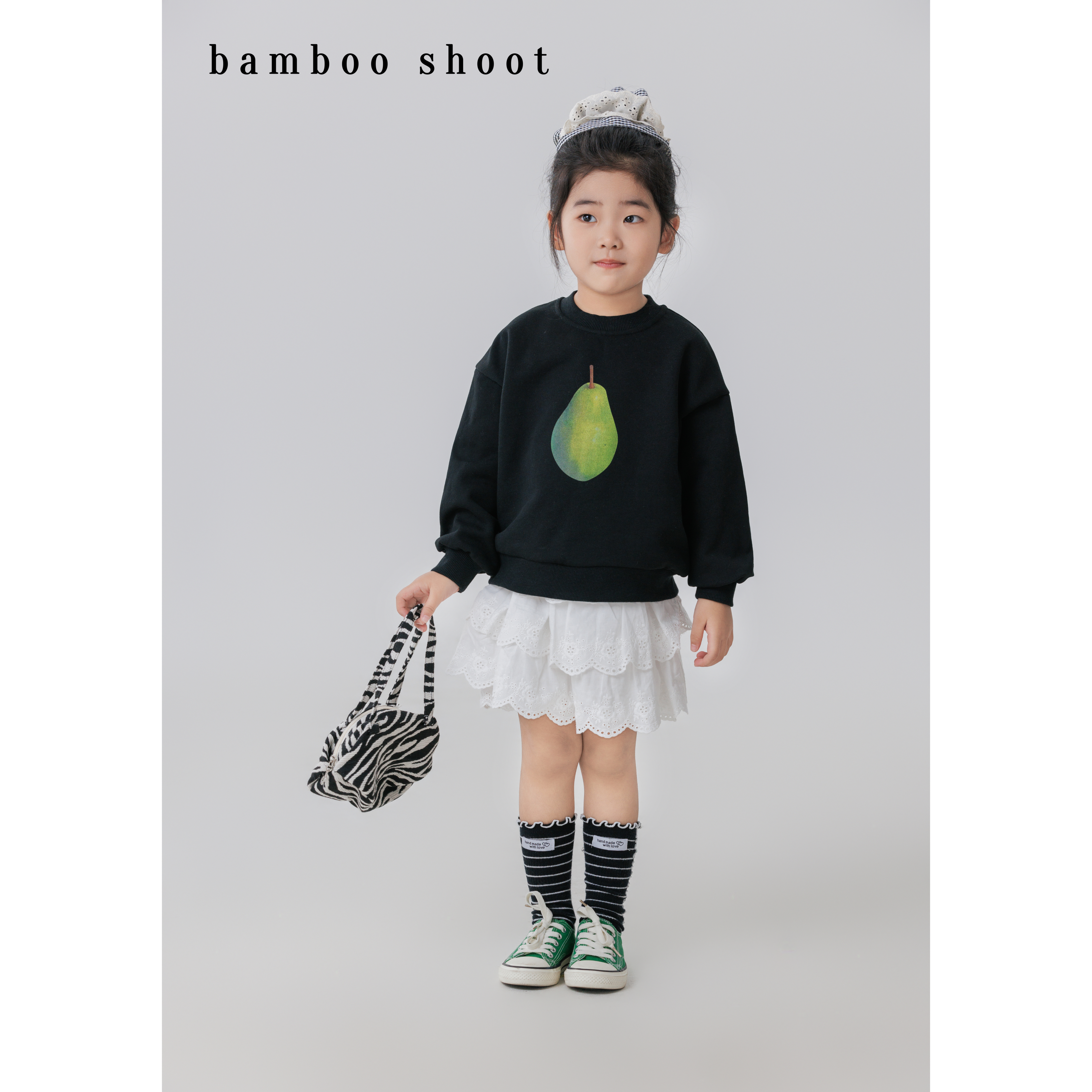 bamboo shoot 鸭梨大~梨子印花宽松设计感长袖卫圆领套头上衣童装