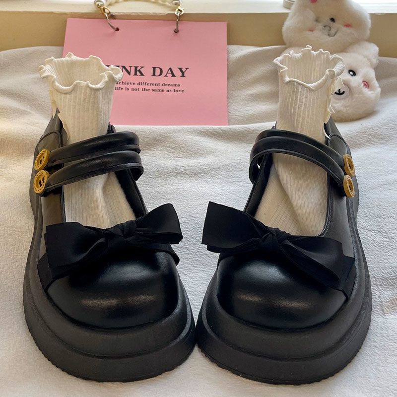 2024新款女童蝴蝶结日系jk圆头厚底黑色小皮鞋百搭软底玛丽珍单鞋