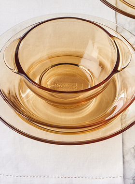 康宁pyrex 餐具水杯家用耐热玻璃琥珀色双耳饭碗深盘浅盘水杯套装