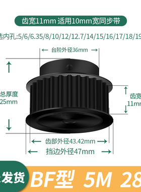 同步轮5M28齿钢B齿宽11内孔5 6.35 8 10 12 14伺服电机同步带轮5M