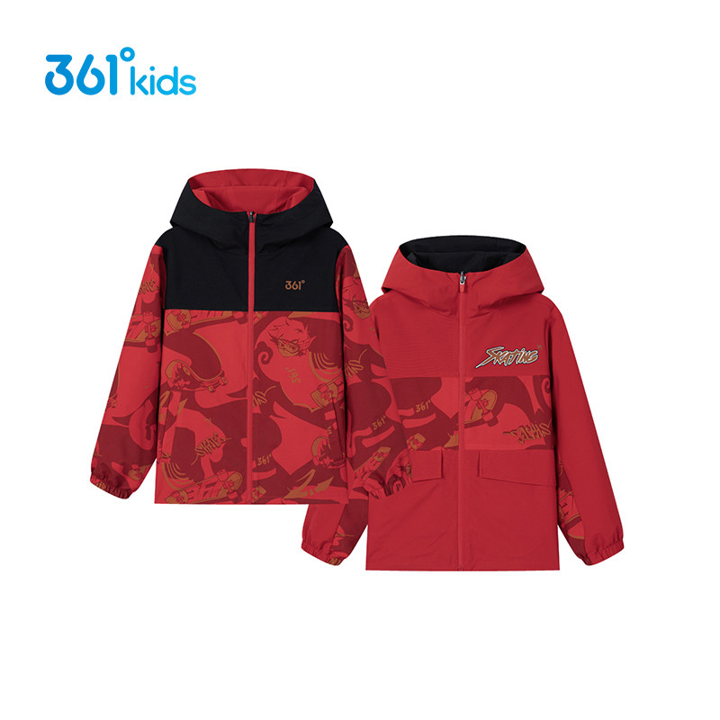 361童装 男童两面穿外套2026春季新款中大童马年红色休闲连帽外套