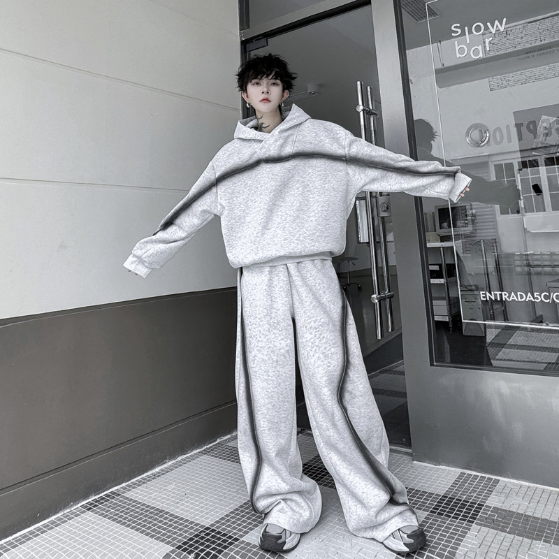 痞帅运动风套装秋季男士韩版线条喷绘连帽卫衣宽松休闲长裤两件套