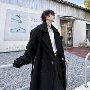 冬季双层领子设计男士中长款双排扣毛呢大衣宽松加厚显瘦过膝外套