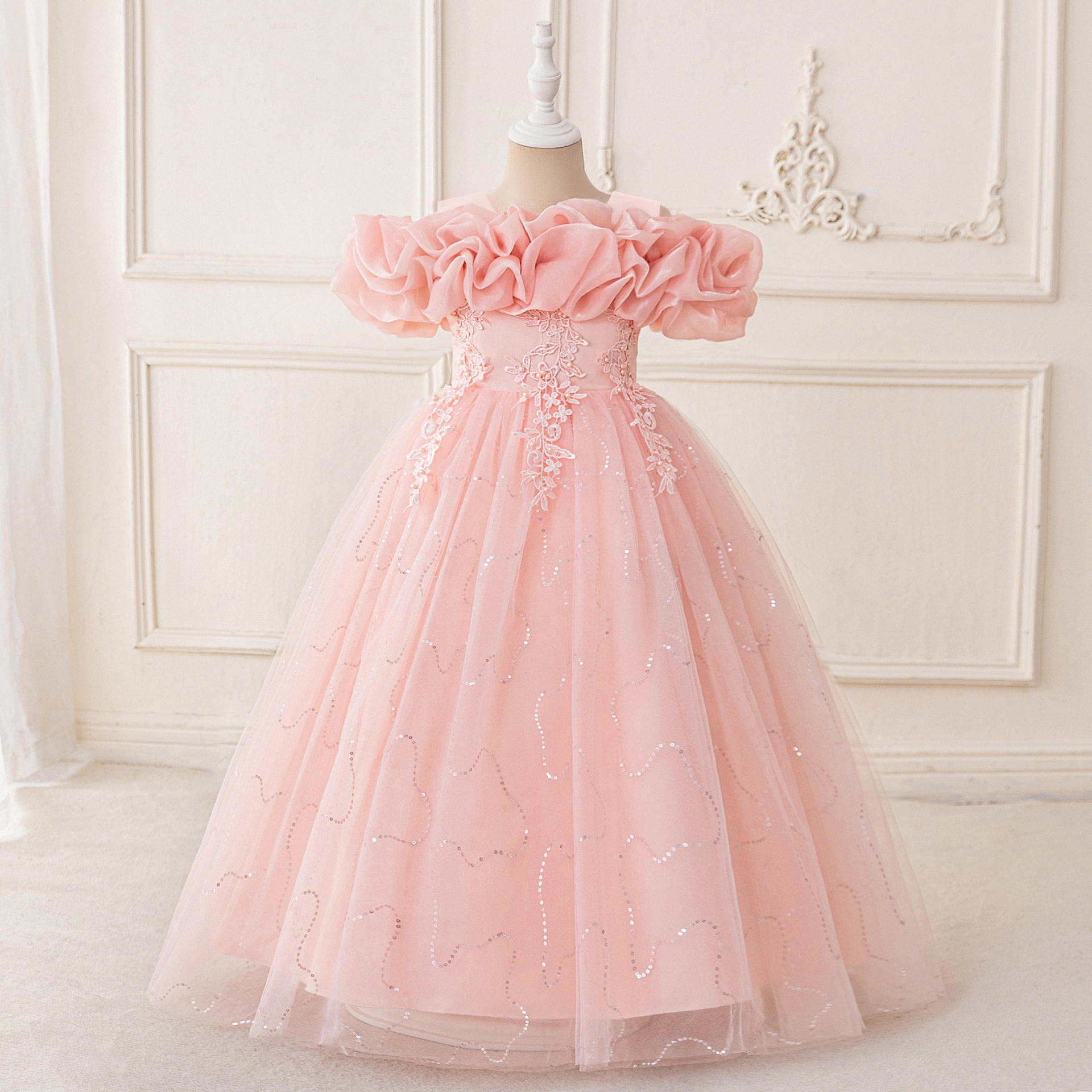 外贸新款女童连衣裙一字肩排花公主裙钢琴演出儿童礼服girl dress