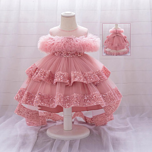 欧美一周岁宝宝燕尾裙女童生日宴会亮片拖尾裙儿童钢琴走秀晚礼服