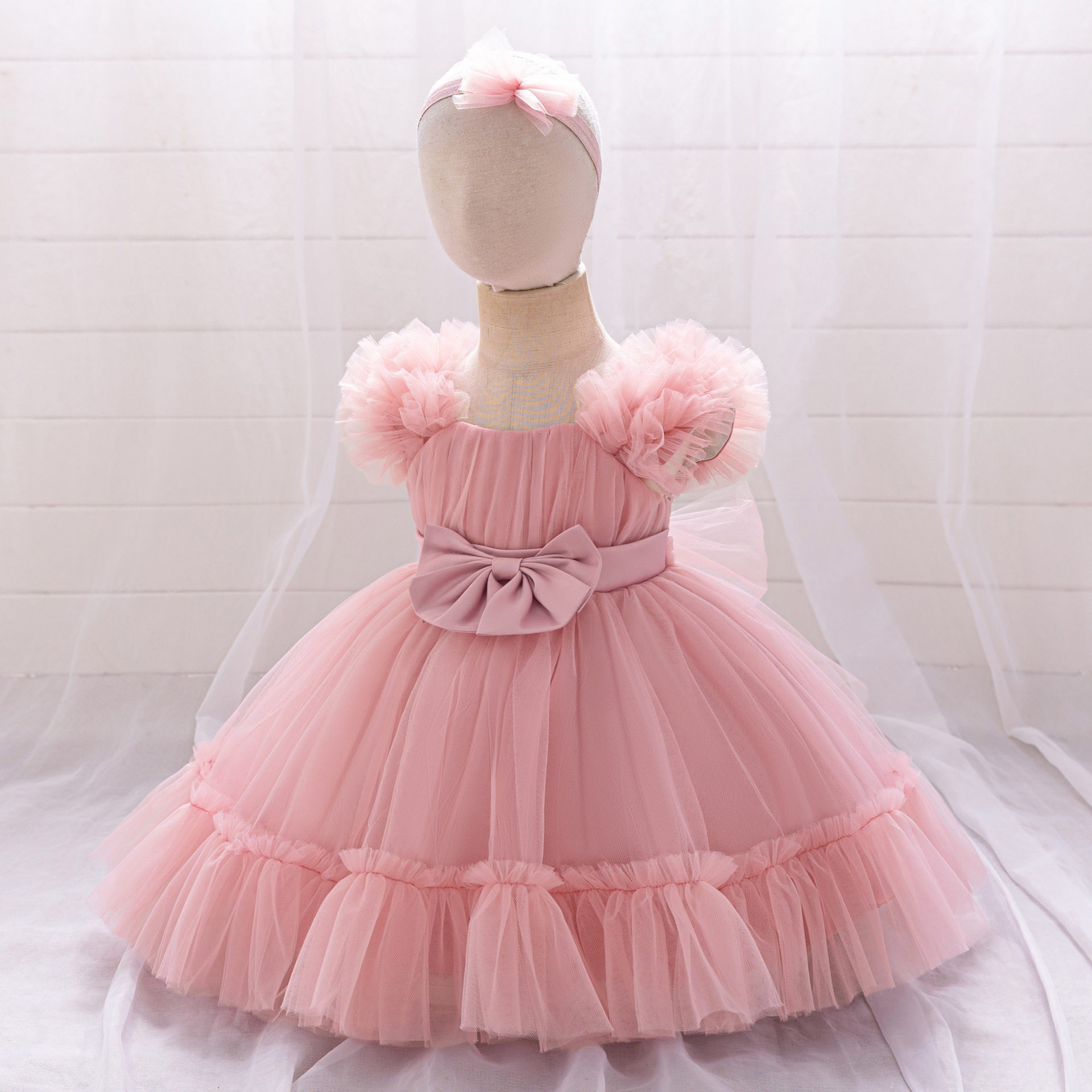 2025新款儿童周岁礼服裙婴幼童蝴蝶结公主裙欧美网纱蓬蓬连衣裙