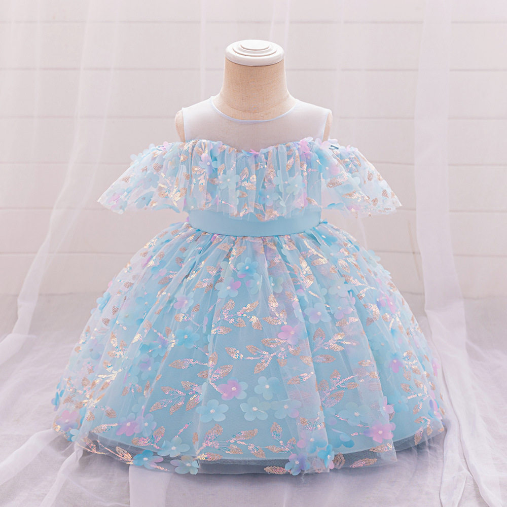 贴花露肩公主裙儿童走秀婚纱礼服