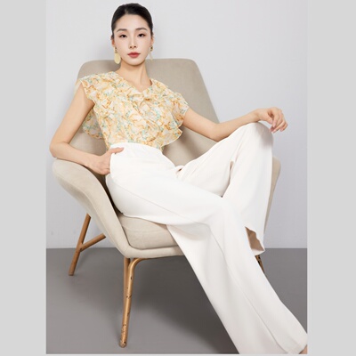 双层荷叶领 高端小众欧美风 重工收腰休闲 女夏连体裤 高腰长裤