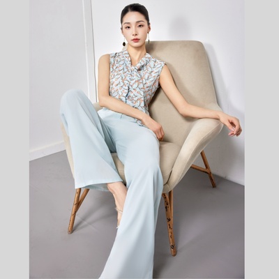 原创独特设计轻熟风印花拼接蝴蝶结系带法式无袖气质女神范连体裤