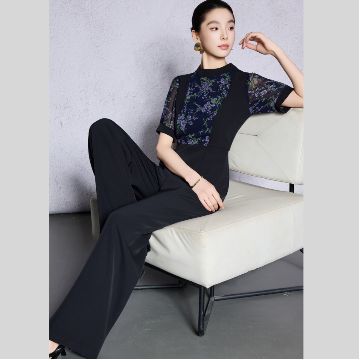 花色拼接 短袖高腰女夏连体裤小贴领修身美式复古优雅阔腿裤长裤