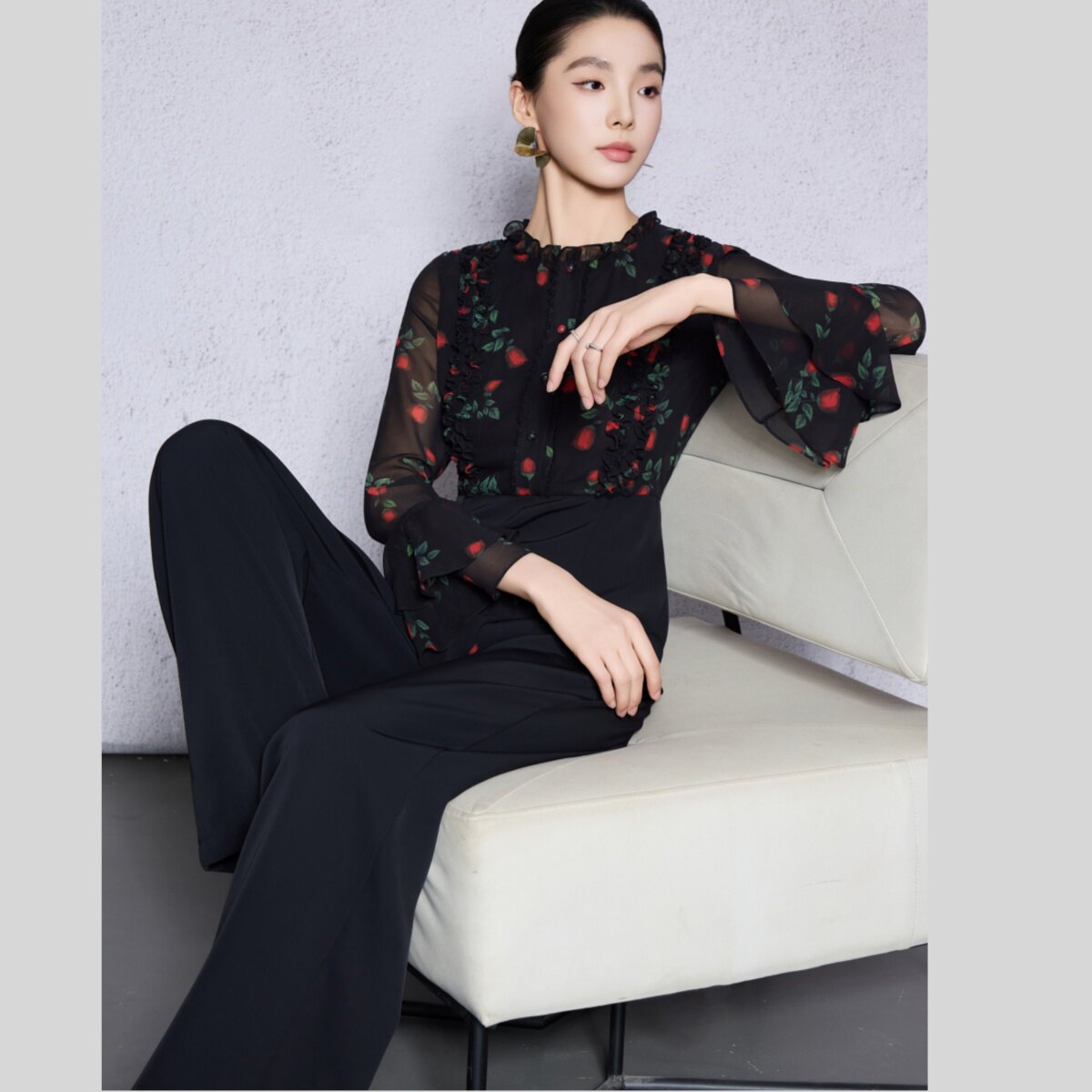 春夏新款双层荷叶袖长袖修身连体裤高端印花木耳边阔腿裤拖地长裤