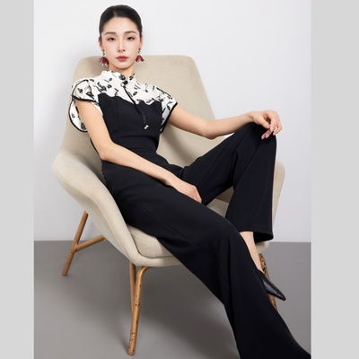 中国风改良旗袍立领原创优质版 收腰显高显瘦阔腿裤 高级感连体裤