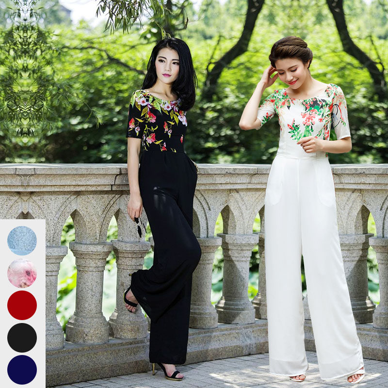 春夏新款雪纺高腰连体裤花色拼接修身长袖百搭长裤宽腿直筒裙裤