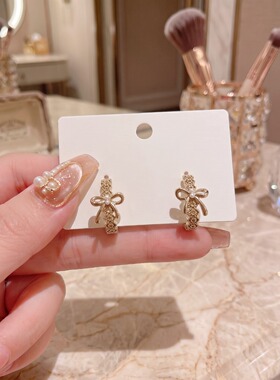 金色蝴蝶结珍珠耳钉女轻奢小众