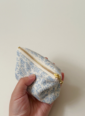 蓝色碎花小钱包 华夫格针织布艺零钱收纳袋 身份证银行卡迷你小包