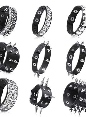 欧美时尚朋克街拍夜店方形铆钉尖钉手环ins情侣皮质手链手镯