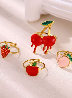 钛钢可爱水果戒指清新樱桃草莓开口不掉色指环18K镀金小众rings