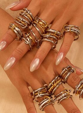 NIMAI欧美跨境堆叠拼色不锈钢戒指组合镀18k金个性夸张手饰品批发