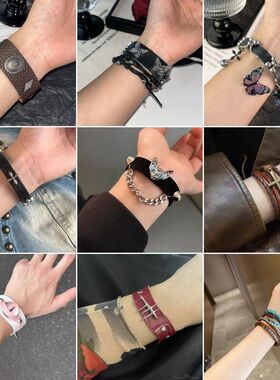 朋克辣妹复古皮质手链女小众亚文化摇滚Y2K甜酷choker废土风手饰