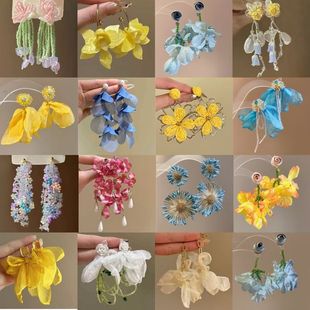 银针布艺花朵吊坠耳环夏日海边度假风耳坠森系清新甜美耳饰女批发