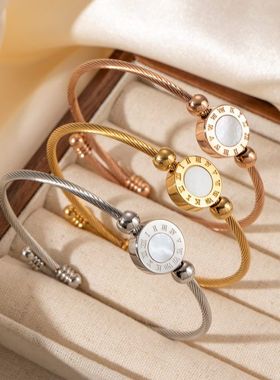 欧美新款不锈钢罗马数字贝壳电缆线手镯 钛钢时尚开口钢丝绳手环