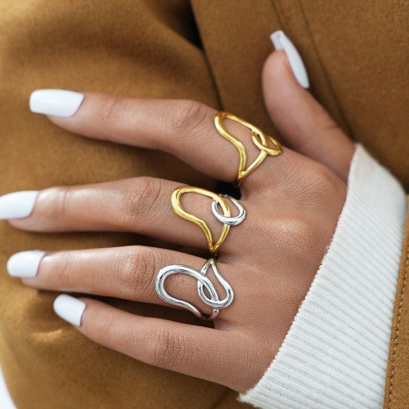 跨境欧美镂空线条时尚个性小众开口不锈钢戒指厂家直销外贸批发