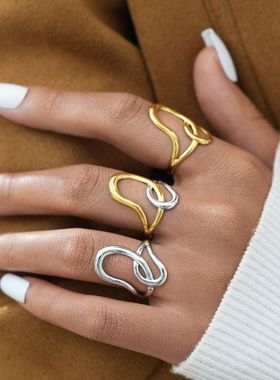 跨境欧美镂空线条时尚个性小众开口不锈钢戒指厂家直销外贸批发