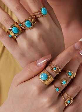 欧美热卖ins复古不锈钢戒指18K金饰品不掉色绿松石戒指开口可调节