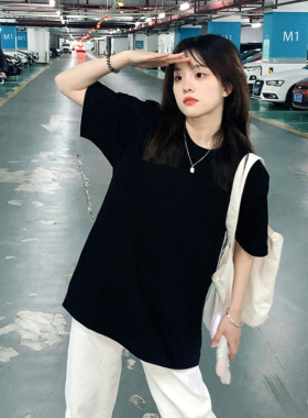 黑色短袖t恤女纯棉夏季大码宽松半袖小个子正肩纯色潮牌韩版上衣