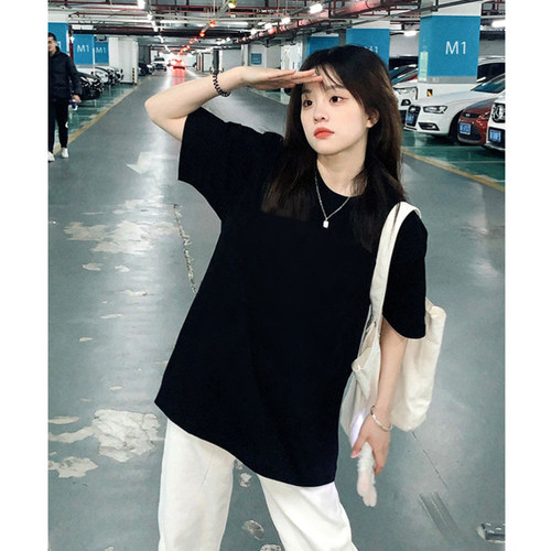 黑色短袖t恤女纯棉夏小个子正肩