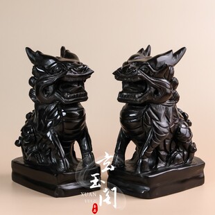 天然黑曜石玉麒麟摆件招财风水瑞兽一对办公室家居装饰乔迁工艺品