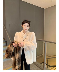 皮草外套 宽松高级感短款 冬季 中古风环保水貂毛绒大衣女立领中长款