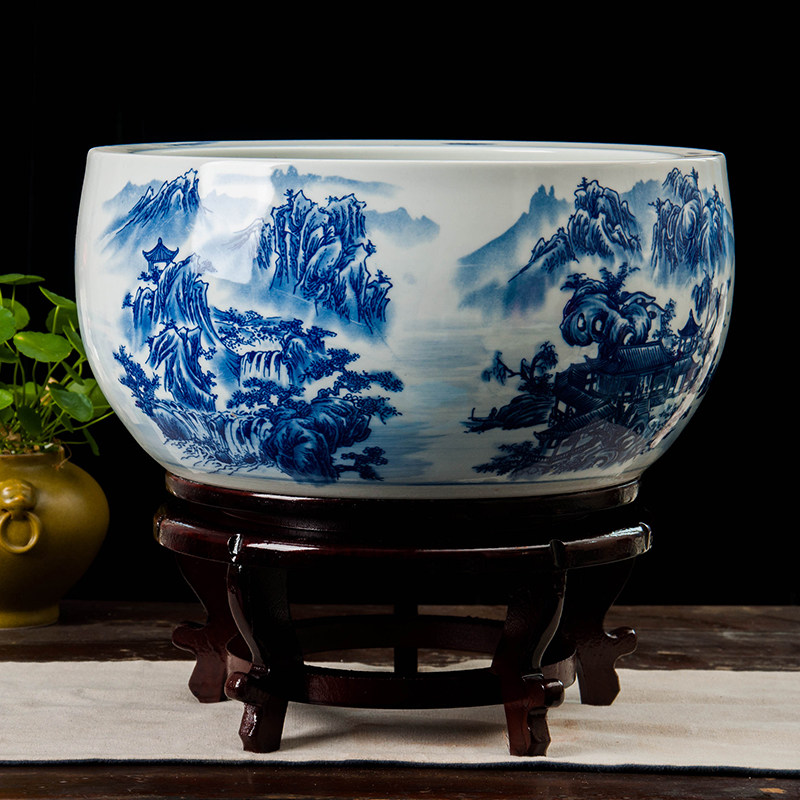 景德镇陶瓷青花瓷水浅鱼缸摆件荷花盆金鱼盆养鱼乌龟缸睡莲水仙盆