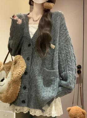 美式复古小众设计高级感灰色宽松气质针织开衫慵懒秋季毛衣女外套