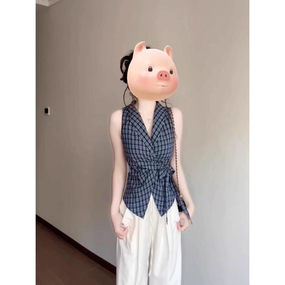 法式V领蝴蝶结绑带蓝色格子衬衫背心女夏季辣妹外穿修身无袖上衣