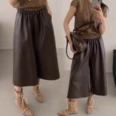 秋冬复古胖mm宽松显瘦七分裤 咖色外穿大码 女士高腰百搭PU休闲皮裤