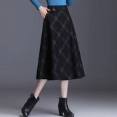 2026冬季 大码 女装 韩系慵懒风胖mm高腰格子毛呢半身裙显瘦大摆伞裙