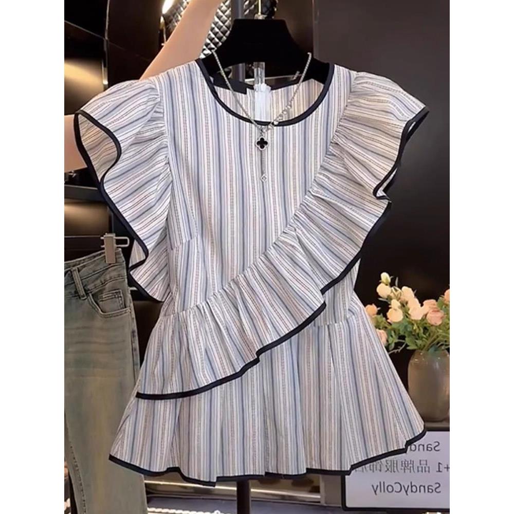 2025夏季荷叶边条纹衬衫宽