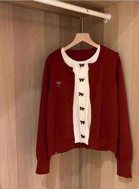 韩系蝴蝶结红色假两件开衫毛衣女秋冬2025新款松弛感慵懒风针织衫