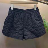 时尚 女2026秋冬复古松紧腰菱格夹棉休闲裤 百搭黑色大码 小个子短裤