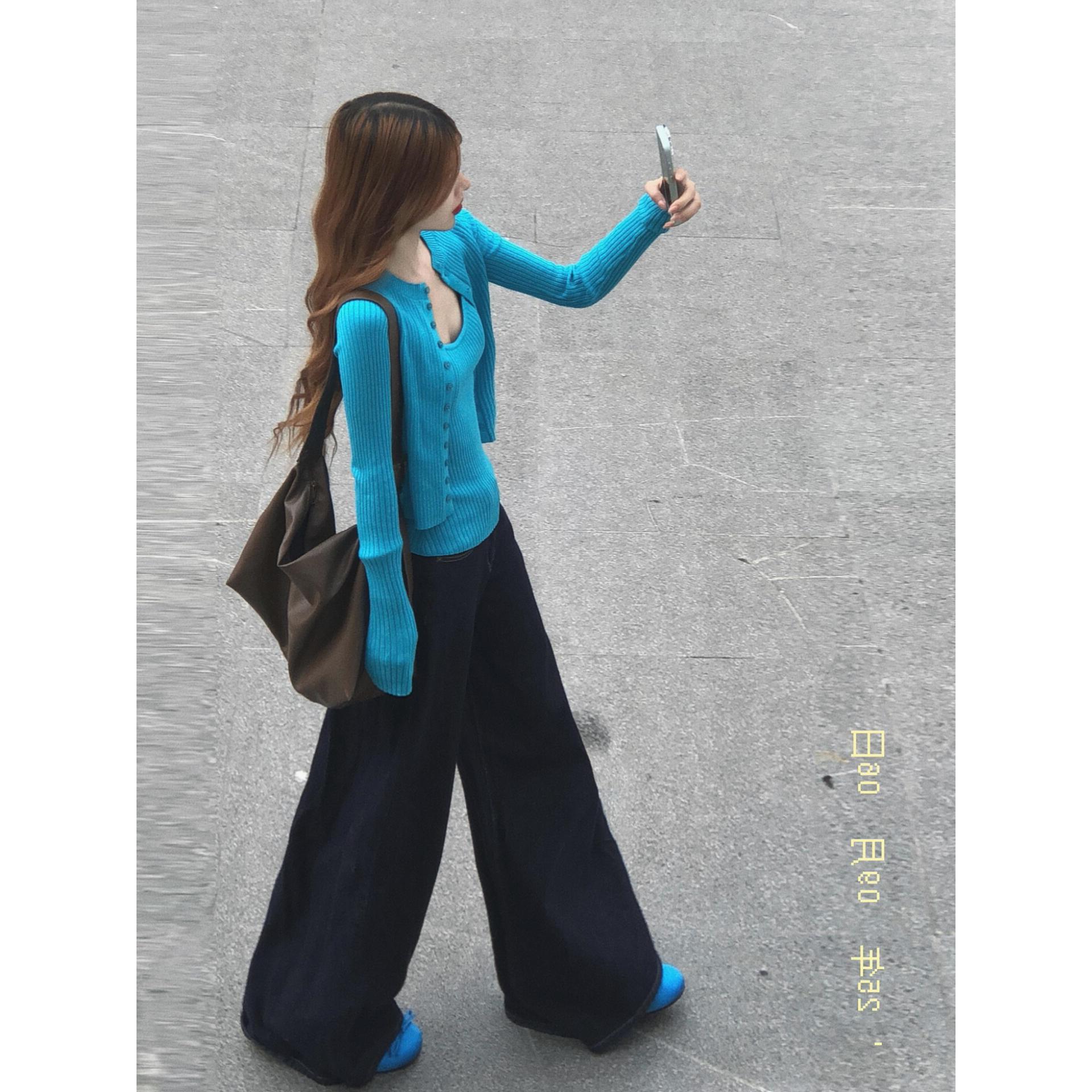 孔雀蓝韩系甜辣妹针织衫吊