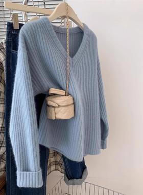 蓝色v领浣熊绒毛衣女秋冬宽松慵懒风高级感小个子冬季内搭针织衫